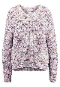 Pull en tricot de couleur violet pastel avec des éclats multicolores, col en V, manches longues et coupe décontractée. Tissu texturé et agréable à porter.