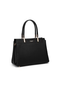 Zwarte leren handtas met een gel Texeerd oppervlak, gestructureerde vorm, dubbele handvatten en accenten in goudkleurige hardware.