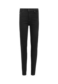 Jeans skinny en denim noir avec une taille haute, des poches avant et une fermeture à bouton, présentant une texture lisse et une couleur uniforme.