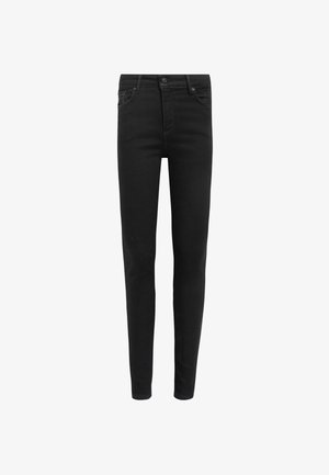 Zwarte denim skinny jeans met een hoge taille, voorzakken en een knoopsluiting, met een soepele textuur en een gelijkmatige kleur.