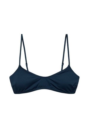 Navy blue bikini top with thin adjustable straps. Simple design, smooth texture, and a low-cut shape. No padding or embellishments.
