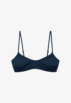 Top de bikini albastru marin cu bretele subțiri ajustabile. Design simplu, textură netedă și o formă cu decolteu adânc. Fără umplutură sau embellishments.