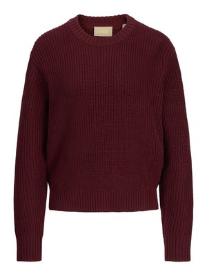 Sweater tricotado bordeaux com decote redondo e punhos e barra canelados. Apresenta um corte solto e um padrão texturizado por todo o artigo.
