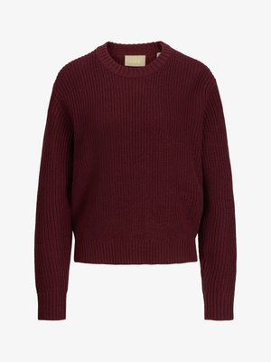 Sweater tricotado bordeaux com decote redondo e punhos e barra canelados. Apresenta um corte solto e um padrão texturizado por todo o artigo.