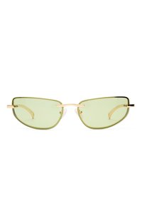 Schmale, rechteckige Sonnenbrille mit hellgrün getönten Gläsern und dünnem goldfarbenem Metallgestell, Nasenpads und Bügeln vor weißem Hintergrund.