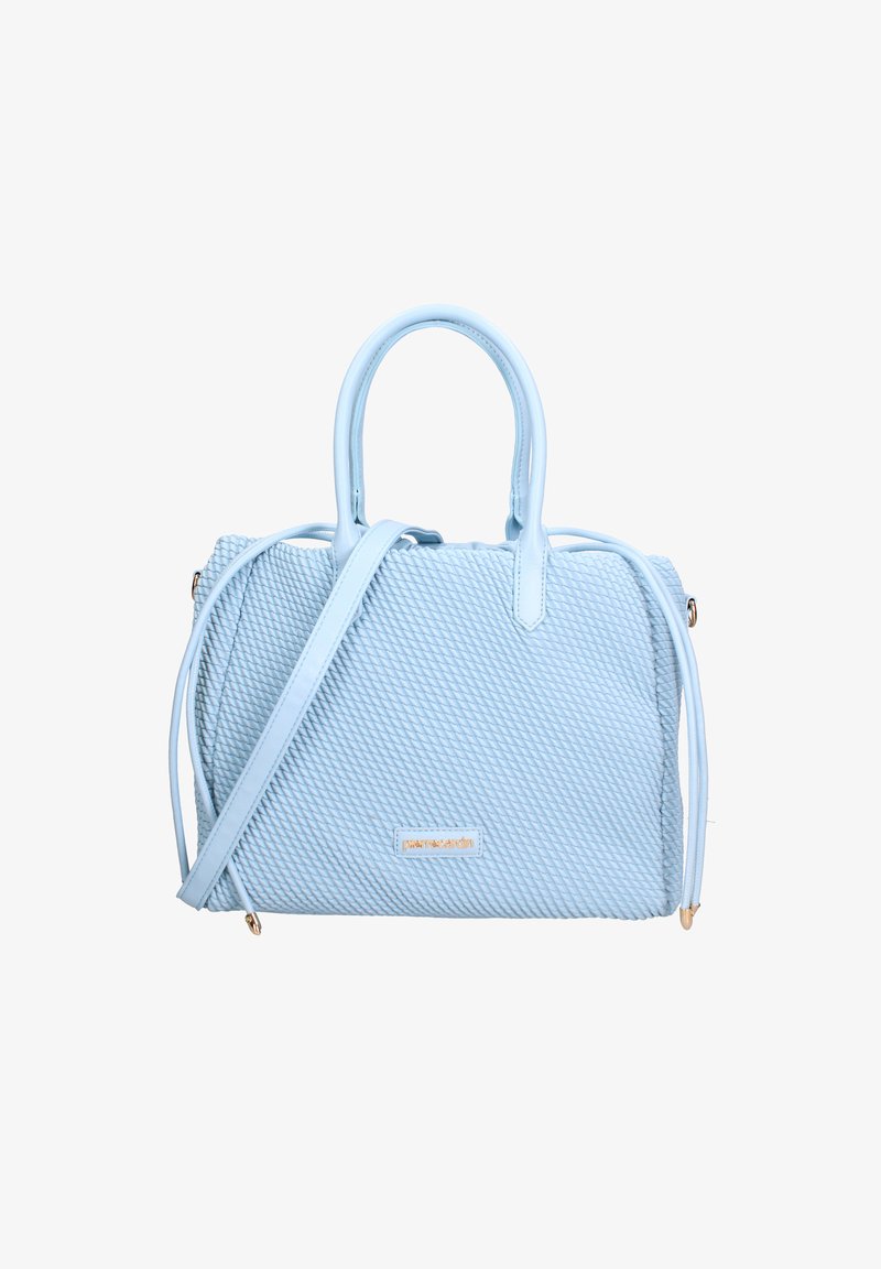 Borsa a mano blu chiaro realizzata in materiale sintetico testurizzato, caratterizzata da un motivo intrecciato, due manici superiori e una tracolla rimovibile.