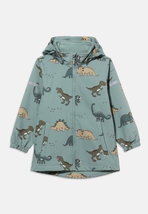 Chubasquero azul claro para niños con capucha, cremallera frontal, puños elásticos y estampados de coloridos dinosaurios por todas partes.