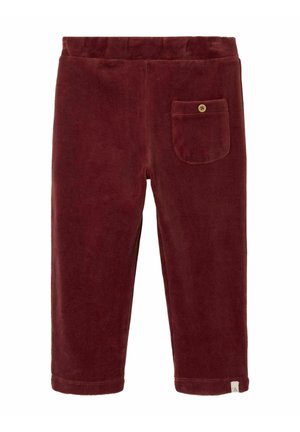 Pantalons en velours côtelé bourgogne avec une taille élastique et une poche arrière unique avec fermeture à bouton. Texture douce et design à coupe droite.