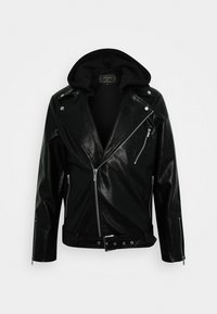 Giacca da motociclista in pelle nera con cappuccio nero removibile, cerniera asimmetrica, multiple tasche con cerniera e vita con cintura.