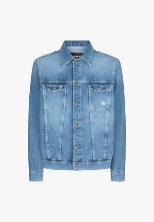 Giacca di jeans azzurro chiaro con taglio classico, tasche sul petto, bottoni metallici e colletto strutturato. Presenta una leggera usura sul tessuto.