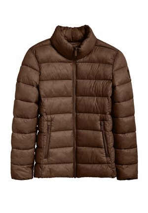 Braune Pufferjacke mit hohem Kragen, Reißverschluss vorne und zwei Seitentaschen. Verfügt über eine gesteppten Textur und eine glatte Oberfläche.