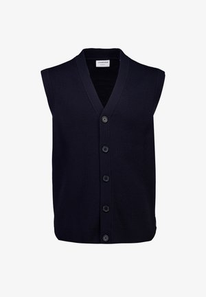 Granatowy bezrękawnik wykonany z prążkowanej tkaniny, z dekoltem w serek, guzikami z przodu oraz czystym, dopasowanym krojem.