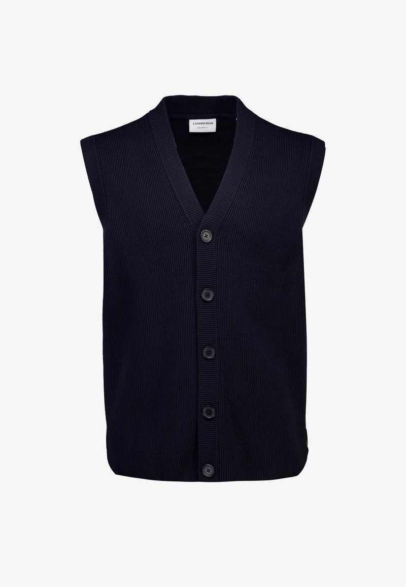 Marineblauer, ärmelloser Cardigan aus Rippstoff mit V-Ausschnitt, Frontknöpfen und einem klaren, maßgeschneiderten Design.