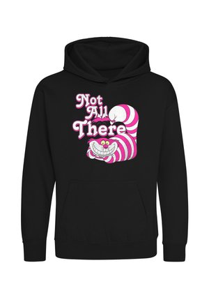 Sort hættetrøje med en lyserød og hvidstribet smilende Cheshire Cat og teksten "Not All There" i lyserøde og hvide bogstaver.