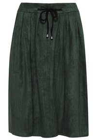 Una falda verde oscuro hasta la rodilla, hecha de una suave tela texturizada, con un diseño plisado y una cintura elástica ajustable de color negro.