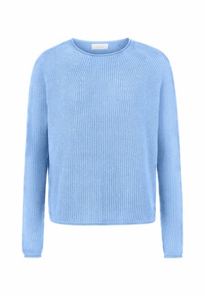 Hellblauer, langärmeliger Strickpullover mit Rundhalsausschnitt und gerippter Struktur, mit einem dezenten Muster an Brust und Bündchen.