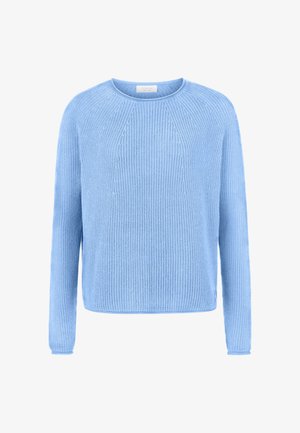 Hellblauer, langärmeliger Strickpullover mit Rundhalsausschnitt und gerippter Struktur, mit einem dezenten Muster an Brust und Bündchen.