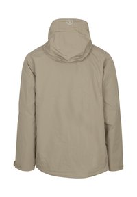 Beige waterdichte jas met capuchon, met een zachte textuur en een recht model. De achterkant toont een logo bij de halslijn.