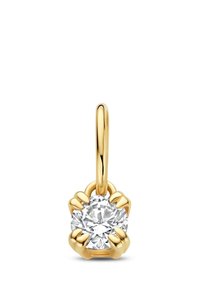 Gold pendant with a round clear gemstone held by six claw prongs, designed for attachment to a necklace or bracelet.