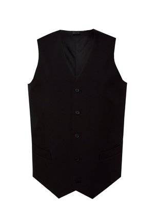 Schwarze ärmellose Weste mit V-Ausschnitt, fünf Knöpfen auf der Vorderseite und zwei seitlichen Taschen; aus glattem Stoff mit anliegender Passform.
