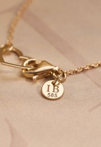 Gouden ketting met een haaksluiting en een ronde tag gegraveerd met "IB 585." Gladde textuur met een subtiele glans.