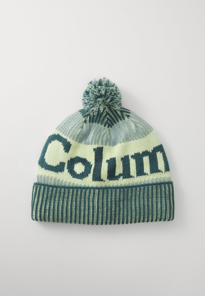 Πλεκτό σκουφάκι σε ανοιχτό πράσινο και σκούρο γαλάζιο, με έντονη εκτύπωση "Column", ριγωτό στρίφωμα και λεπτομέρεια με pom-pom στην κορυφή.