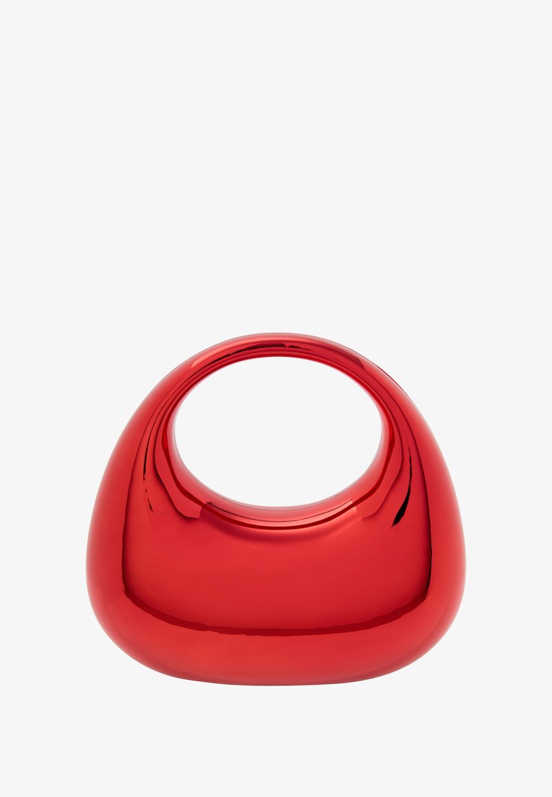 Punainen savi maljakko, jossa on sileä, kiiltävä pinta, pyöreä muoto ja pyöreä aukko ylhäällä. Ei kuvioita tai lisäkoristeita.