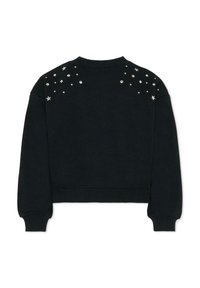 Czarna krótka bluza z ozdobami w postaci ćwieków w różnych kształtach i rozmiarach na plecach, z żeberkowymi mankietami i dołem.