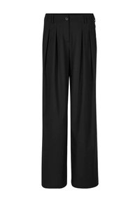 Schwarze hochgeschnittene, weite Hose mit vorderen Faltendetails, Gürtelschlaufen, Knopfverschluss und Reißverschluss.