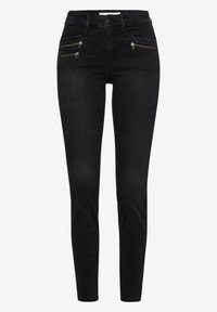 Jeans ajustados negros con una textura suave, que cuentan con dos bolsillos frontales con cremallera y un diseño de cintura alta. Fabricados con tela de mezclilla.