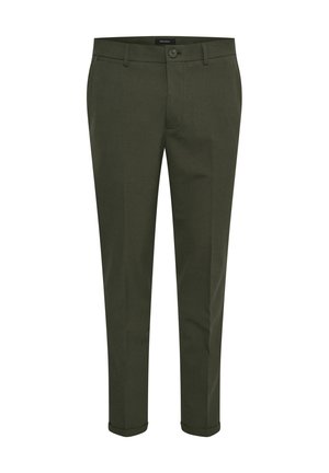Tmavě zelené kalhoty se slim fit, se skrytým pasem, dvěma bočními kapsami a rolled hem. Vyrobené z hladké, strukturované tkaniny.