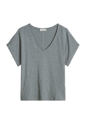 Light gray short-sleeve V-neck cotton T-shirt with a relaxed fit and a visible brand label inside the collar.