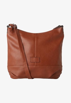 Sac à bandoulière en cuir marron avec bandoulière réglable et logo embossé discret sur le devant, présentant une texture lisse et une forme simple et arrondie.