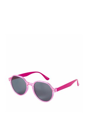Round sunglasses with translucent pink frames and dark gray lenses, angled to show the side arms.
