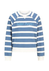 Felpa a strisce blu e bianche con collo e polsini a coste. Presenta "Saint Tropez" ricamato in blu sulla parte anteriore. Orlo scallop.