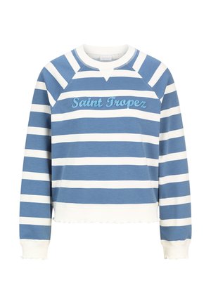 Felpa a strisce blu e bianche con collo e polsini a coste. Presenta "Saint Tropez" ricamato in blu sulla parte anteriore. Orlo scallop.