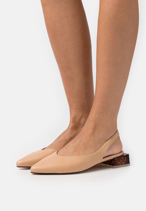 Beige leather slingback shoes with a pointed toe and a low, transparent block heel featuring a tortoiseshell accent.