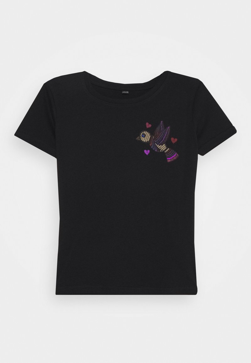 Svart bomull T-skjorte med korte ermer. Har flerfarget brodert fugledesign og små hjerter på venstre side. Klassisk passform.