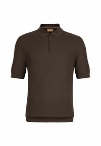 Braunes, gestricktes Poloshirt mit kurzen Ärmeln, strukturiertem Stoff, kurzer Knopfleiste mit drei Knöpfen sowie geripptem Kragen und Saum.