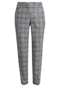 Pantalons gris à carreaux avec une finition texturée, ornés d'accents marron dans un motif à carreaux, avec une coupe droite et une taille standard.