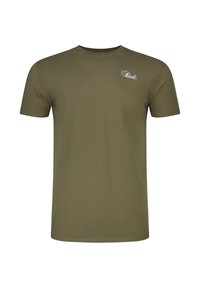Κοντομάνικο t-shirt σε ελιά πράσινο με στρογγυλή λαιμόκοψη και μικρό λευκό λογότυπο σε γραφή με πλάγια γραμματοσειρά στο αριστερό στήθος που γράφει "Siksilk."