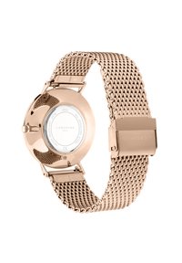 Rosegold-Mesh-Uhr mit runder Gehäuseform, Edelstahlrücken und verstellbarem Verschluss. Verfügt über eine glatte Oberfläche und ein minimalistisches Design.