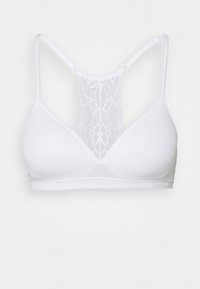 Witte bralette met zachte driehoekige cups, kantdetails op de rug, verstelbare bandjes en een gladde, gematteerde stof.