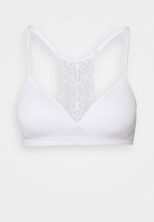 Valge bralette pehmete kolmnurksete karpidega, pitsidetailidega seljal, reguleeritavad rihmad ja siledast tekstuurist kangas.