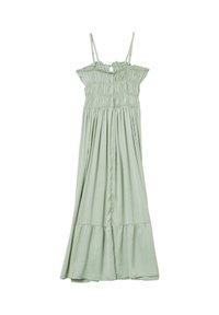 Robe longue vert clair sans manches avec corsage froncé, haut à volants et jupe évasée. Confectionnée en tissu doux et fluide.