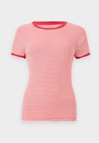 Rot und weiß gestreiftes T-Shirt mit kurzen Ärmeln, Rundhalsausschnitt mit Rippstruktur und kontrastierenden roten Akzenten an Ärmeln und Kragen. Strukturierter Stoff.