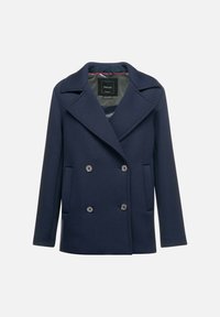 Cappotto doppiopetto blu navy con ampi risvolti, due tasche frontali e dettagli in bottoni. Realizzato in un tessuto testurizzato con una fodera liscia.