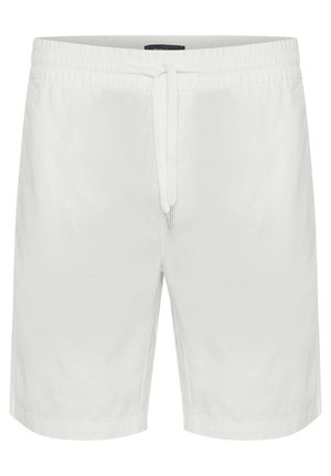 White linen shorts featuring an elastic waistband with a drawstring, a smooth texture, and a simple, clean design.