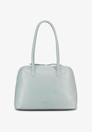 Bolso de mano de cuero gris claro con dos asas largas y cierre con cremallera en la parte superior, con un pequeño logo en relieve en el centro delantero.