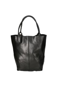Sac cabas en cuir noir à texture lisse, doté de deux poignées solides, d'une couture centrale et d'un accent métallique sur un côté.